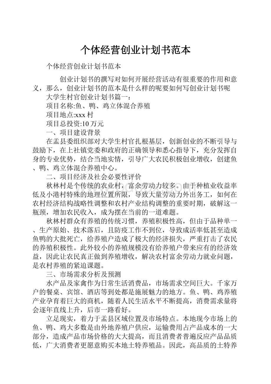 个体经营创业计划书范本.docx_第1页