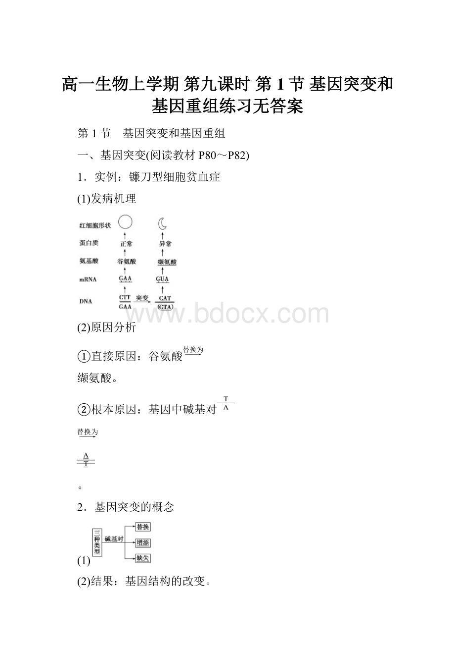 高一生物上学期 第九课时 第1节 基因突变和基因重组练习无答案.docx