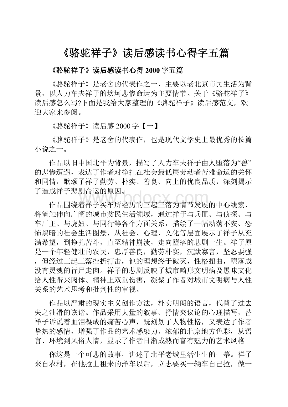 《骆驼祥子》读后感读书心得字五篇.docx_第1页