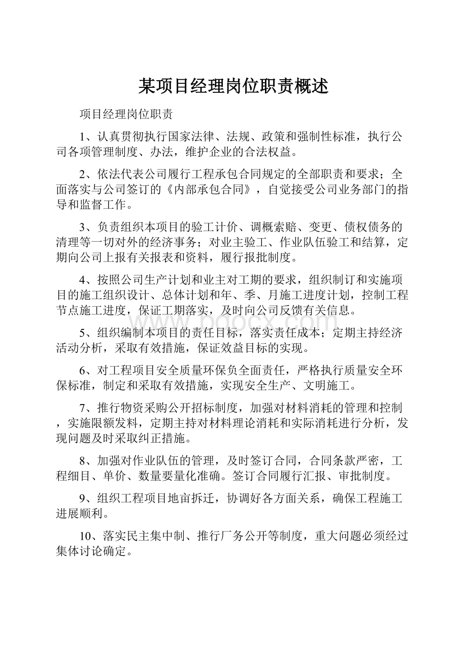 某项目经理岗位职责概述.docx