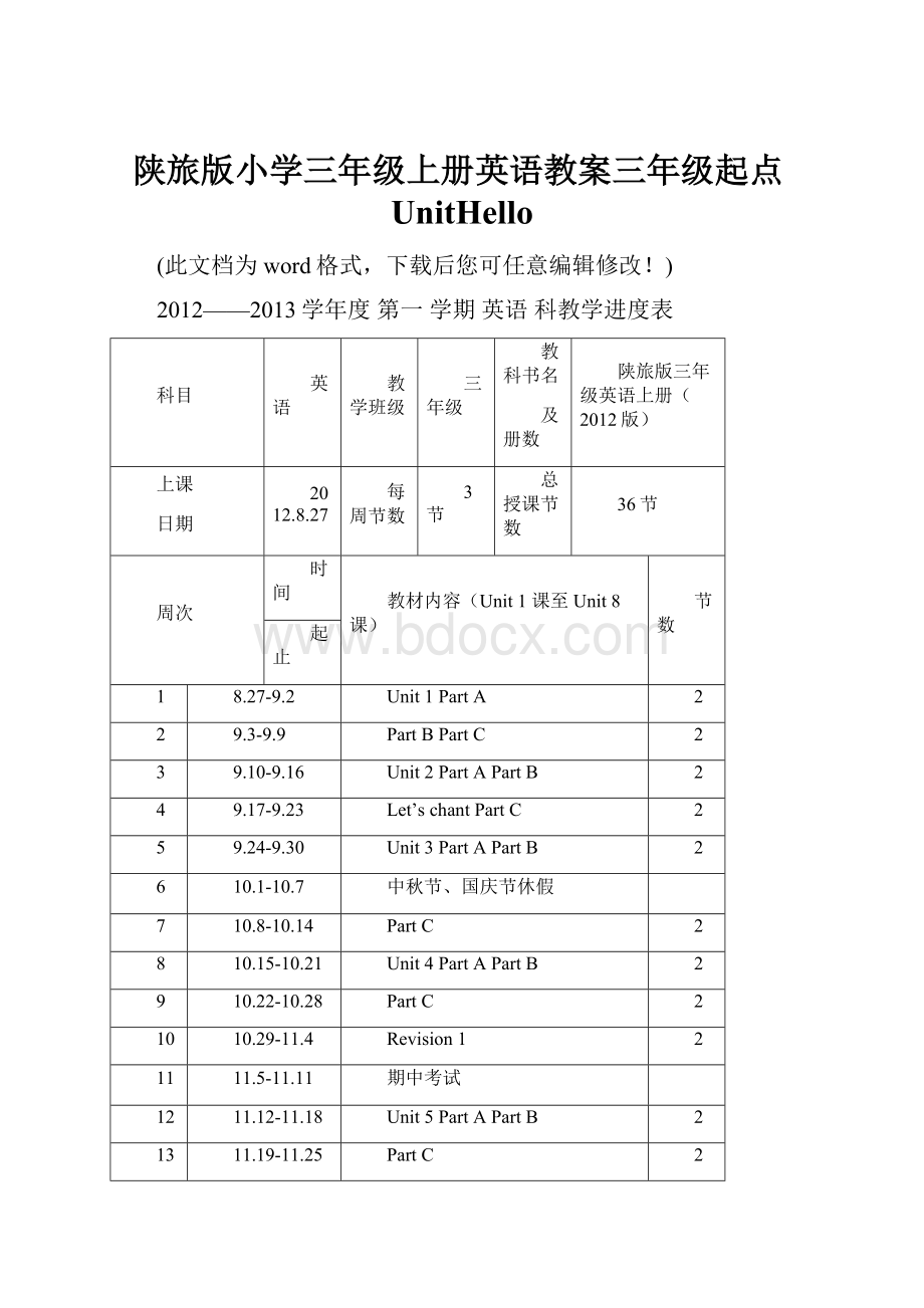 陕旅版小学三年级上册英语教案三年级起点UnitHello.docx_第1页