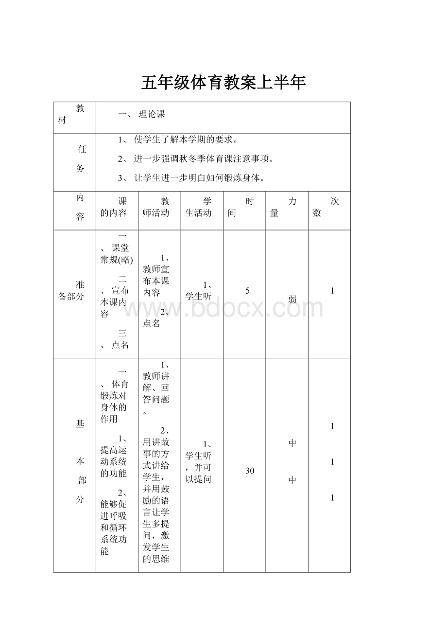 五年级体育教案上半年.docx_第1页