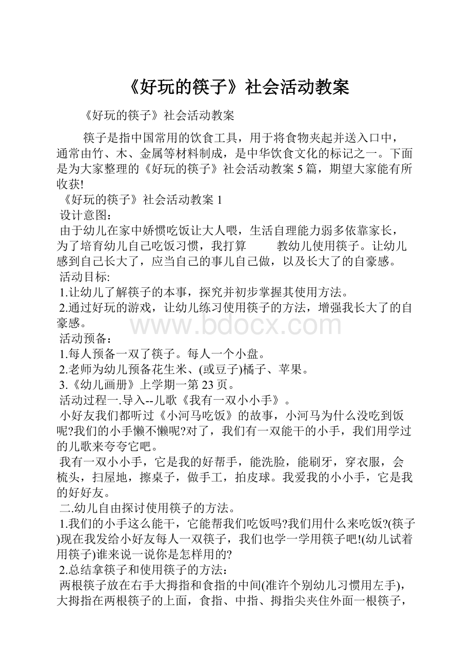 《好玩的筷子》社会活动教案.docx