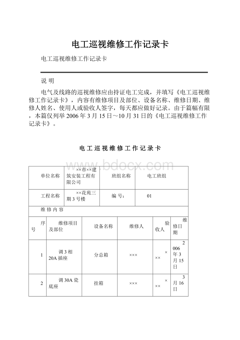 电工巡视维修工作记录卡.docx_第1页