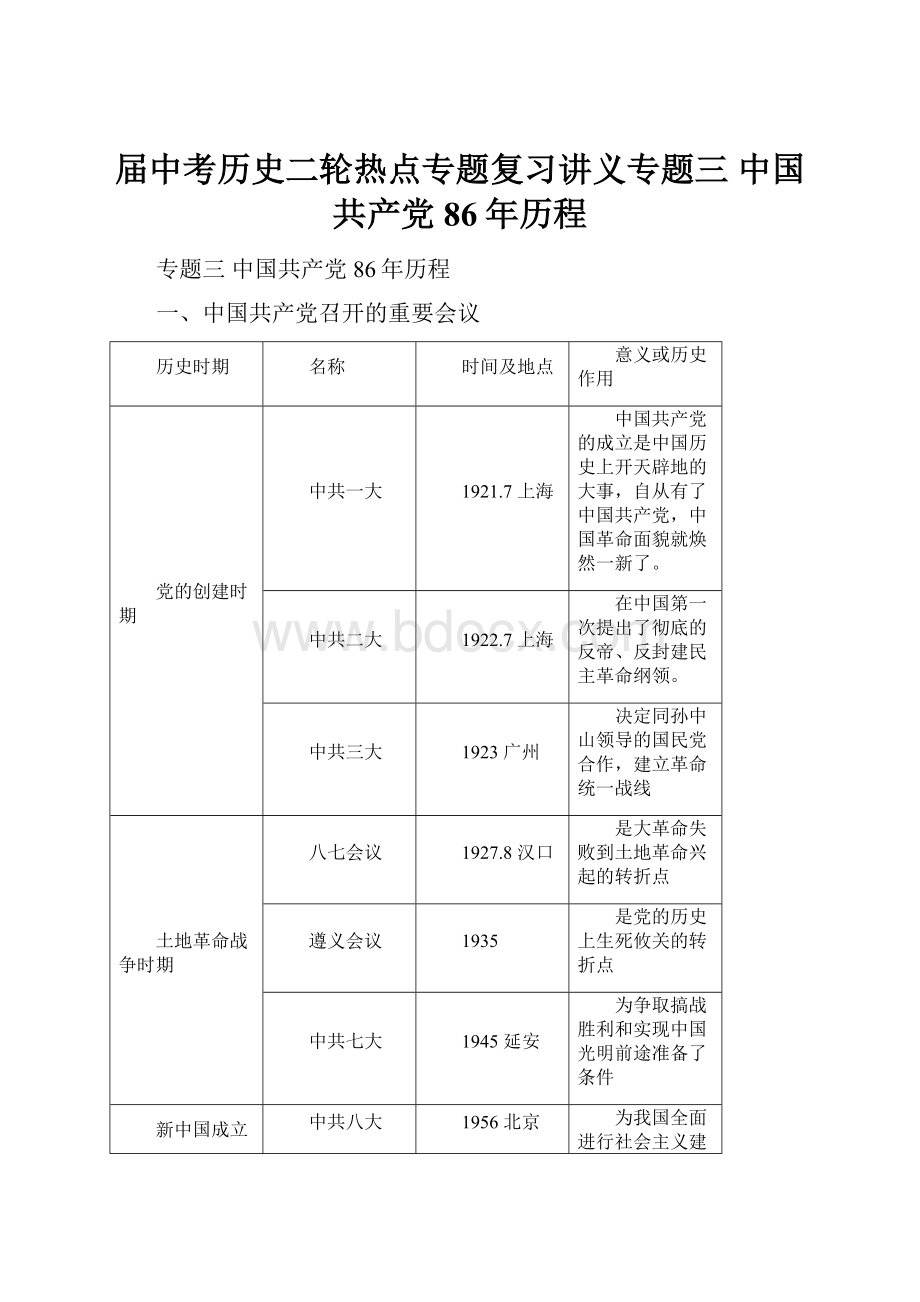 届中考历史二轮热点专题复习讲义专题三中国共产党86年历程.docx_第1页