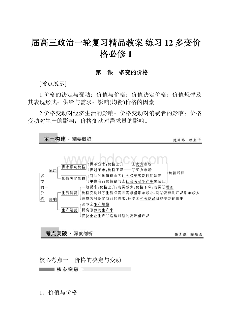 届高三政治一轮复习精品教案 练习12多变价格必修1.docx_第1页