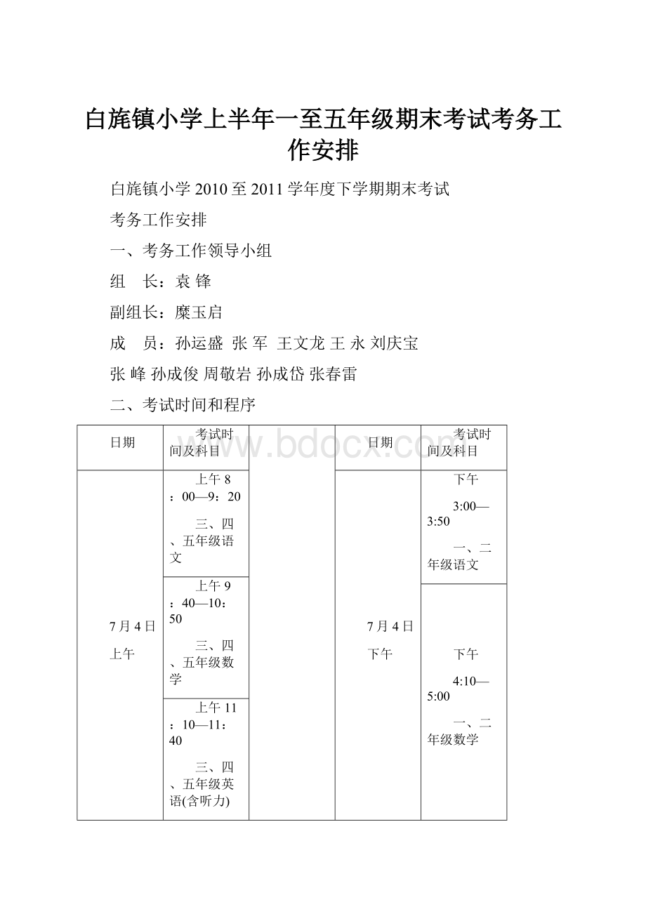 白旄镇小学上半年一至五年级期末考试考务工作安排.docx