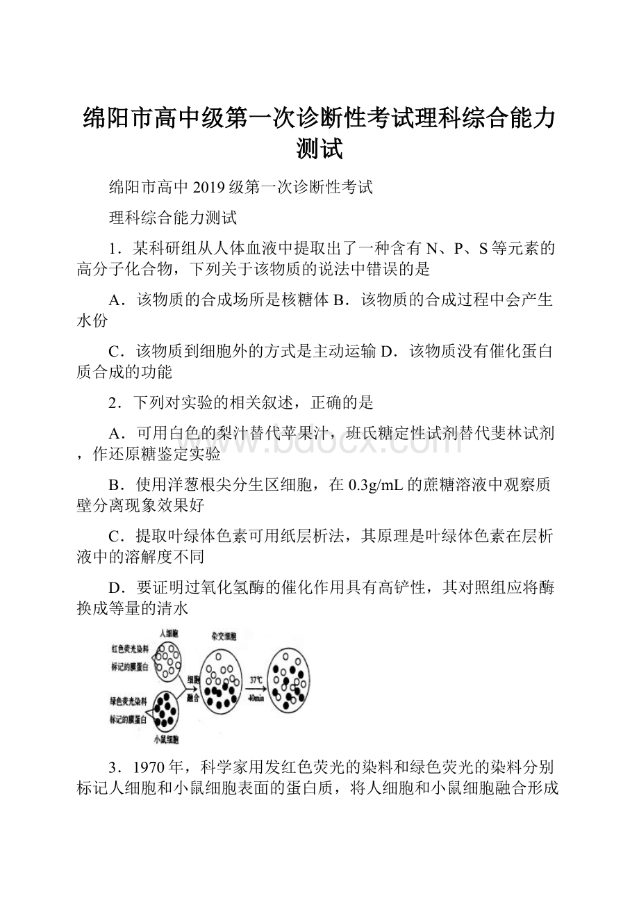 绵阳市高中级第一次诊断性考试理科综合能力测试.docx_第1页