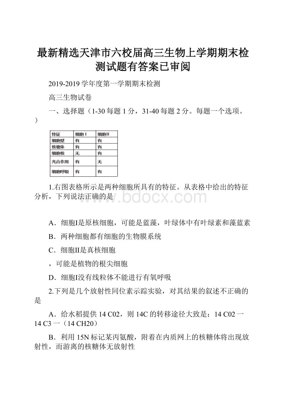 最新精选天津市六校届高三生物上学期期末检测试题有答案已审阅.docx