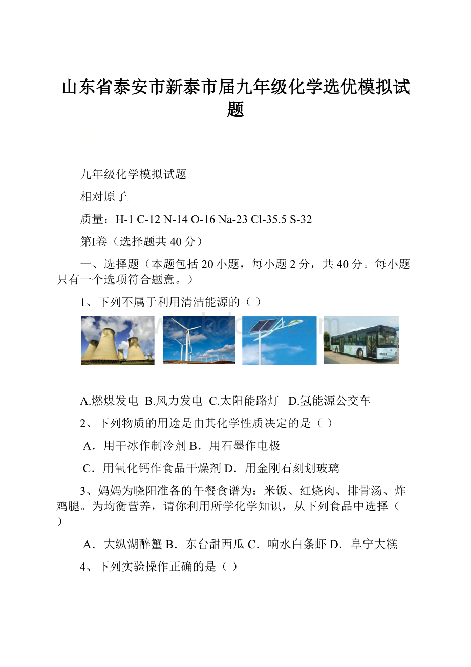 山东省泰安市新泰市届九年级化学选优模拟试题.docx_第1页