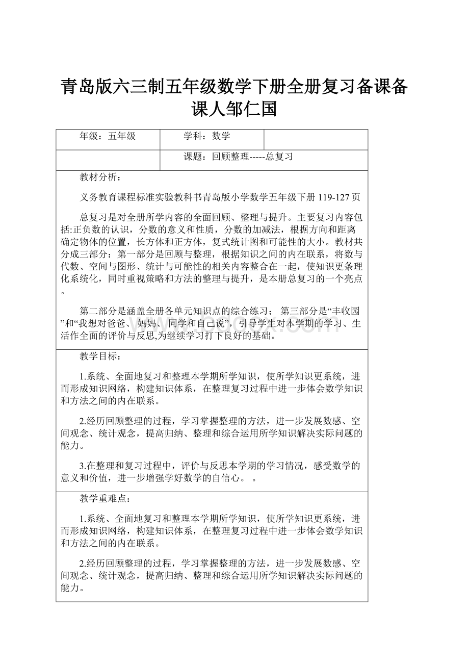 青岛版六三制五年级数学下册全册复习备课备课人邹仁国.docx_第1页