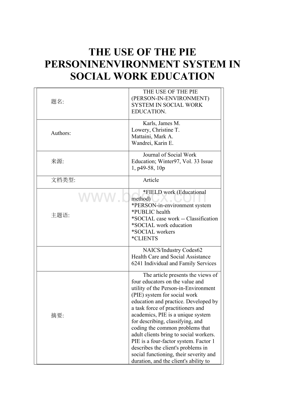 THE USE OF THE PIE PERSONINENVIRONMENT SYSTEM IN SOCIAL WORK EDUCATION.docx