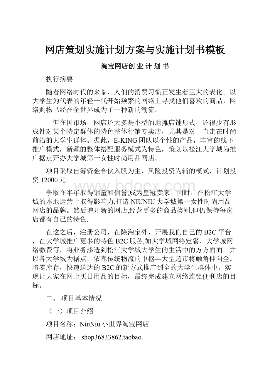 网店策划实施计划方案与实施计划书模板.docx_第1页