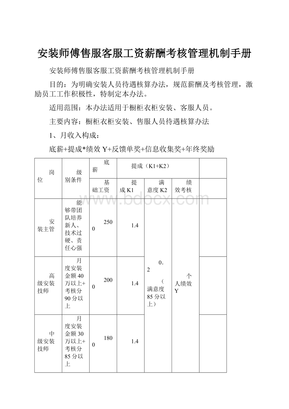 安装师傅售服客服工资薪酬考核管理机制手册.docx_第1页