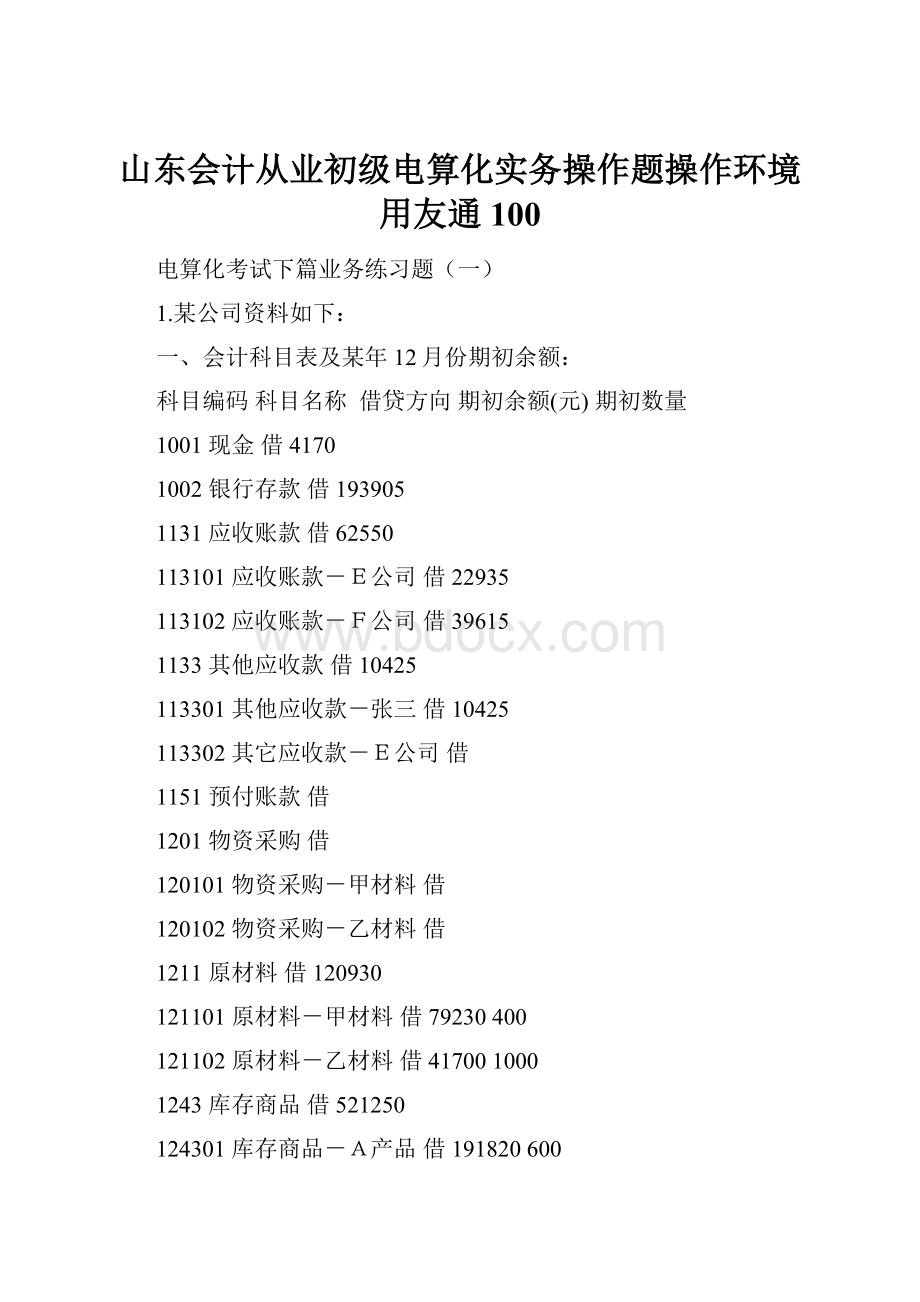 山东会计从业初级电算化实务操作题操作环境用友通100.docx