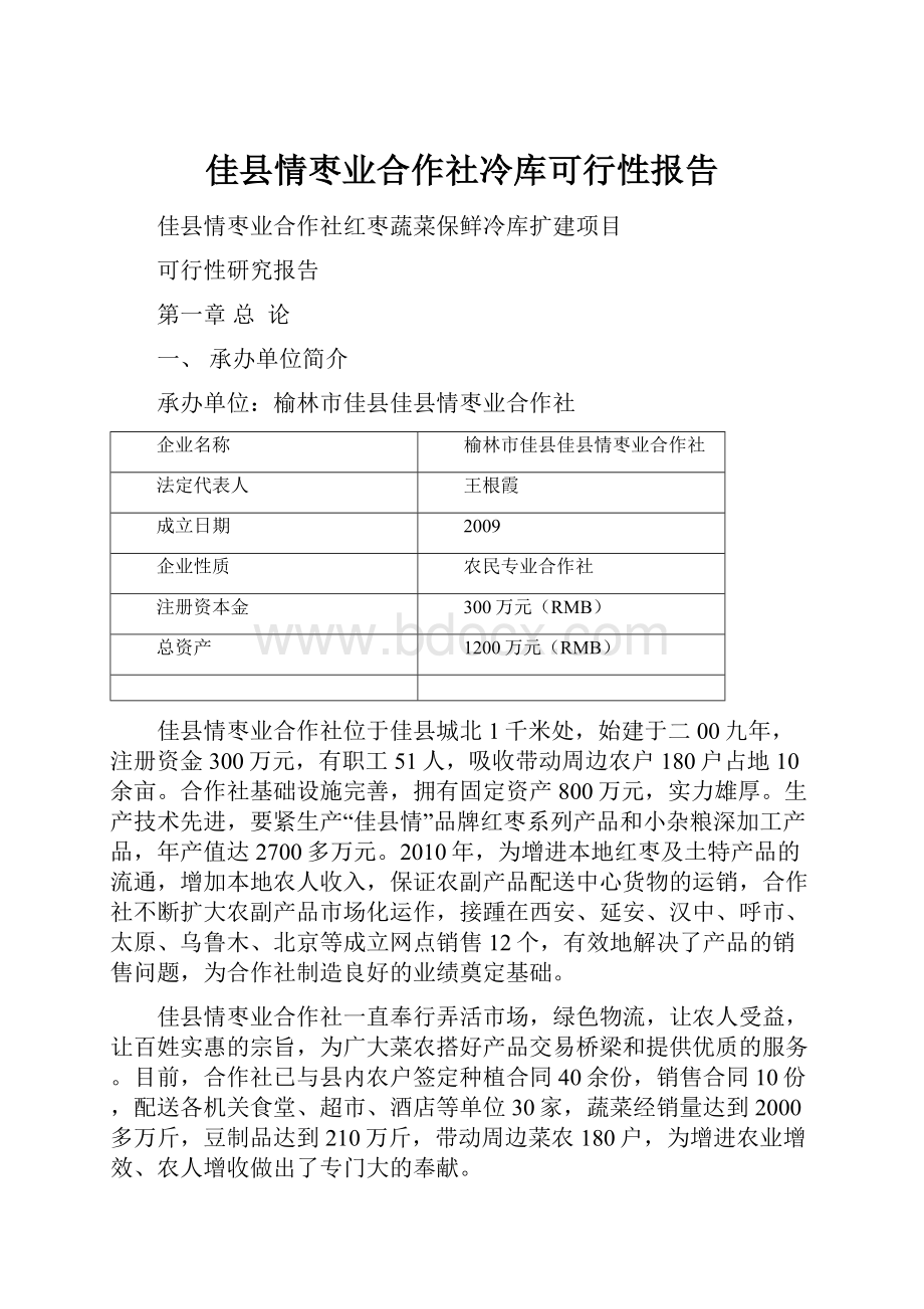 佳县情枣业合作社冷库可行性报告.docx_第1页