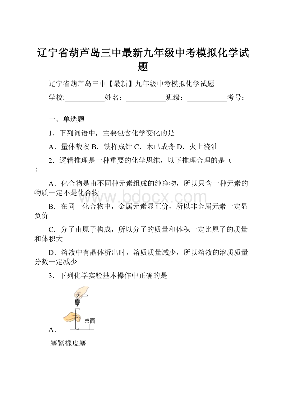 辽宁省葫芦岛三中最新九年级中考模拟化学试题.docx