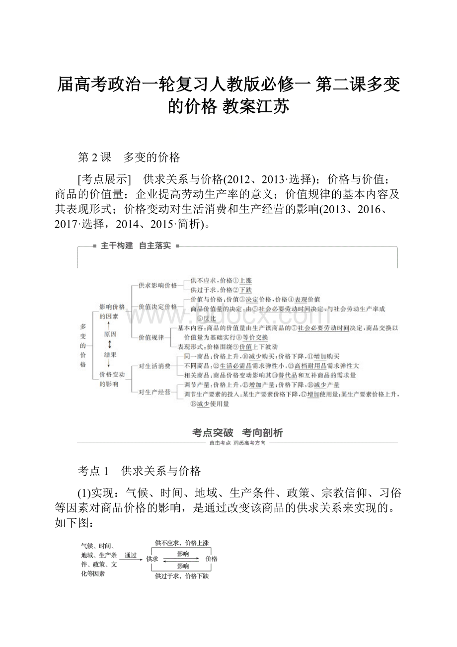 届高考政治一轮复习人教版必修一 第二课多变的价格教案江苏.docx