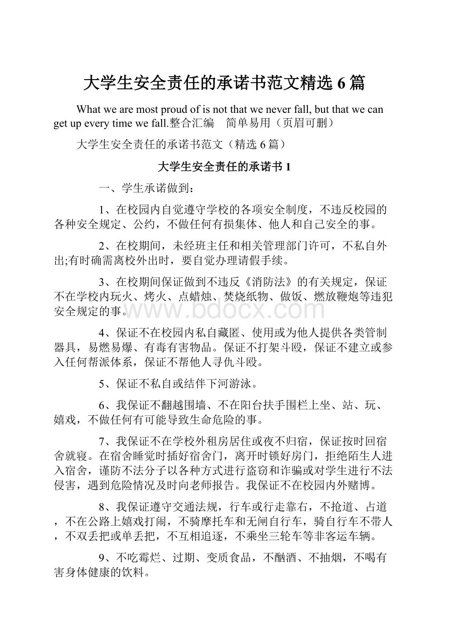 大学生安全责任的承诺书范文精选6篇.docx_第1页