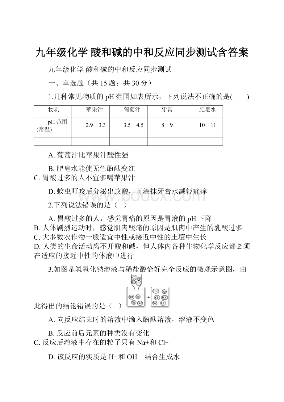 九年级化学酸和碱的中和反应同步测试含答案.docx