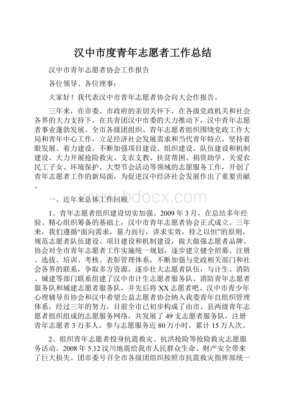 汉中市度青年志愿者工作总结.docx_第1页