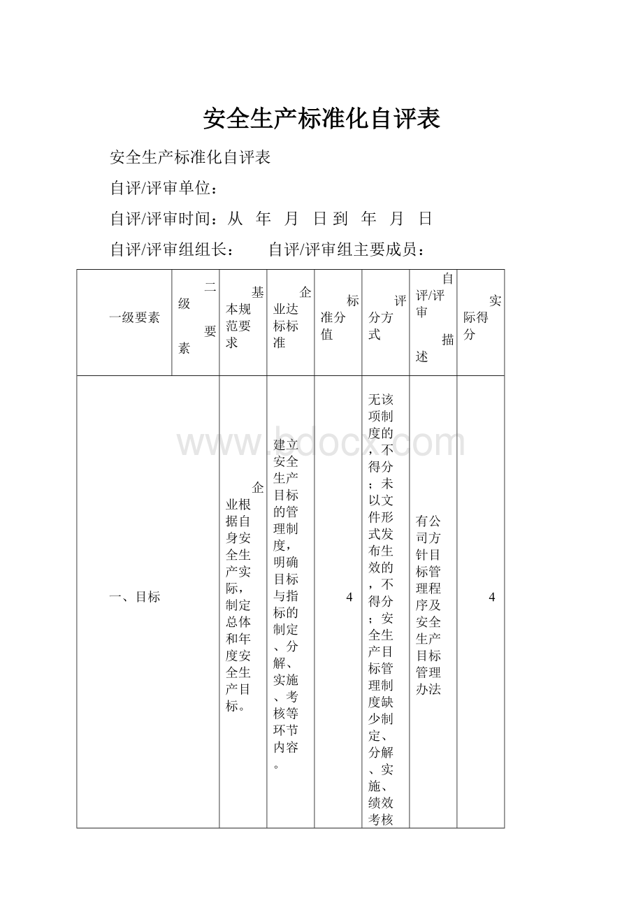 安全生产标准化自评表.docx_第1页