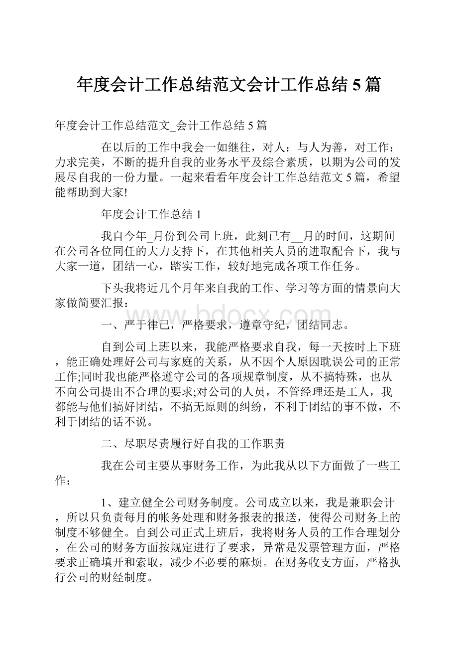 年度会计工作总结范文会计工作总结5篇.docx_第1页