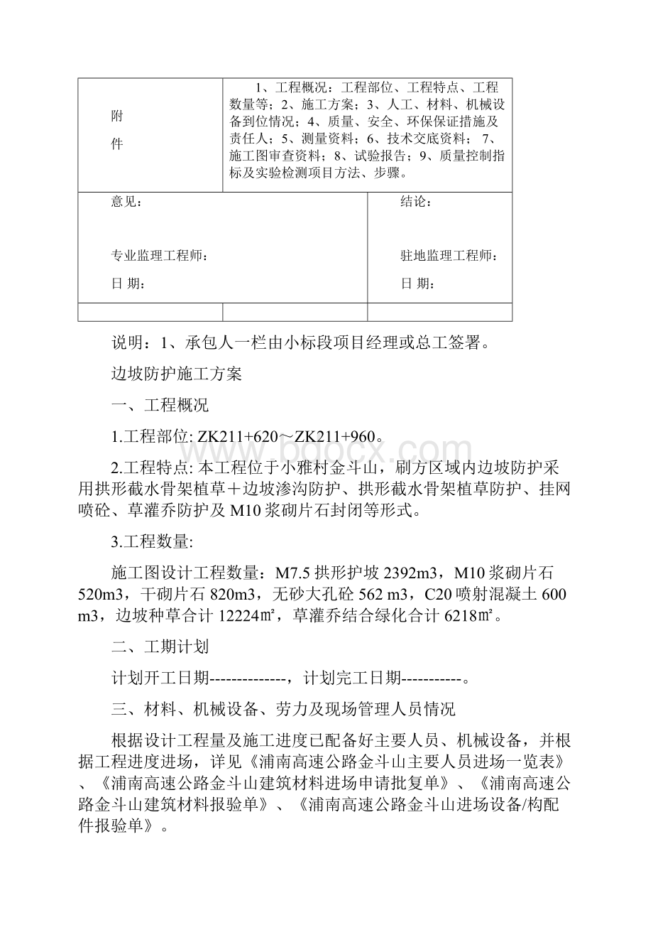 防护工程边坡防护拱形骨架草灌乔分项工程开工报告.docx_第2页