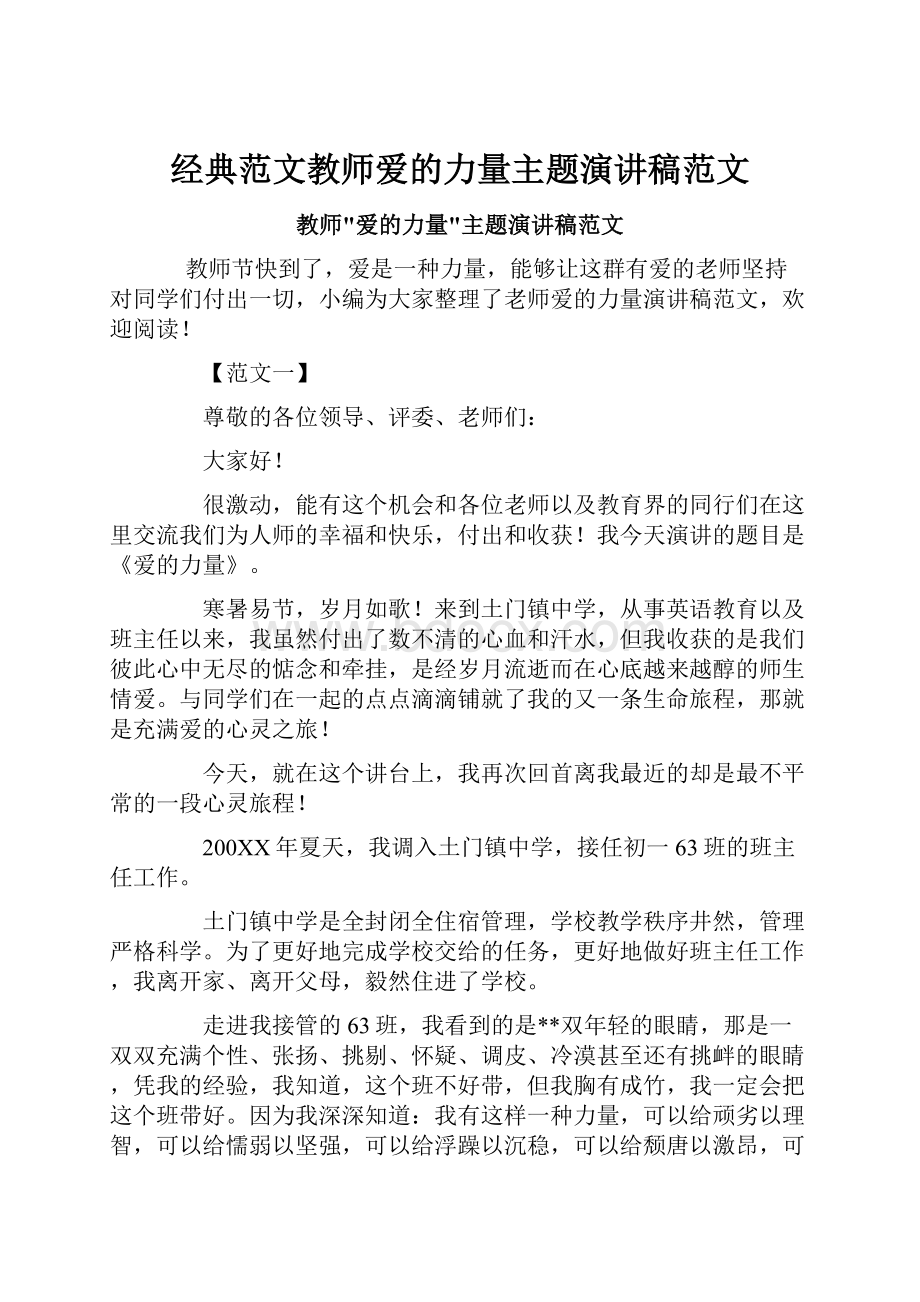 经典范文教师爱的力量主题演讲稿范文.docx_第1页