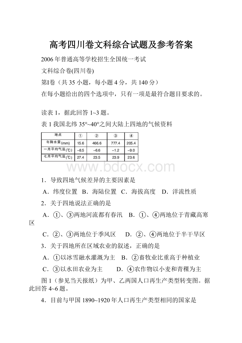 高考四川卷文科综合试题及参考答案.docx_第1页