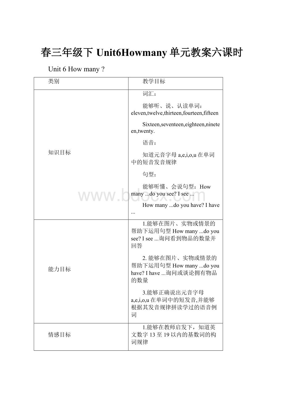 春三年级下Unit6Howmany单元教案六课时.docx_第1页