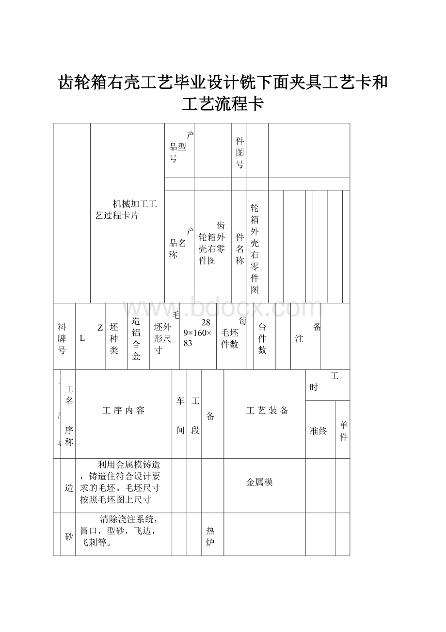 齿轮箱右壳工艺毕业设计铣下面夹具工艺卡和工艺流程卡.docx_第1页