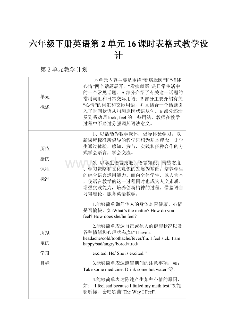 六年级下册英语第2单元16课时表格式教学设计.docx