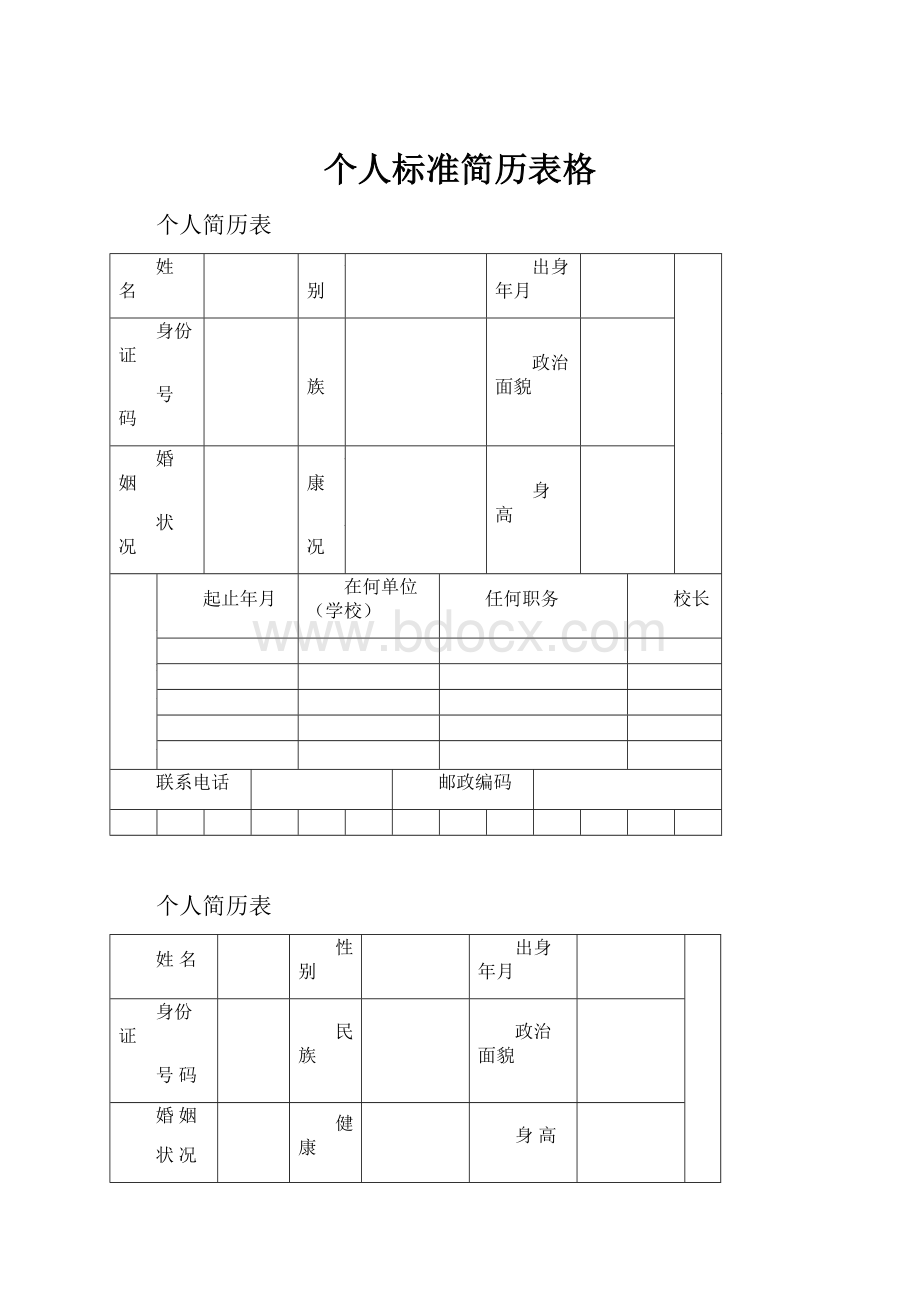 个人标准简历表格.docx_第1页