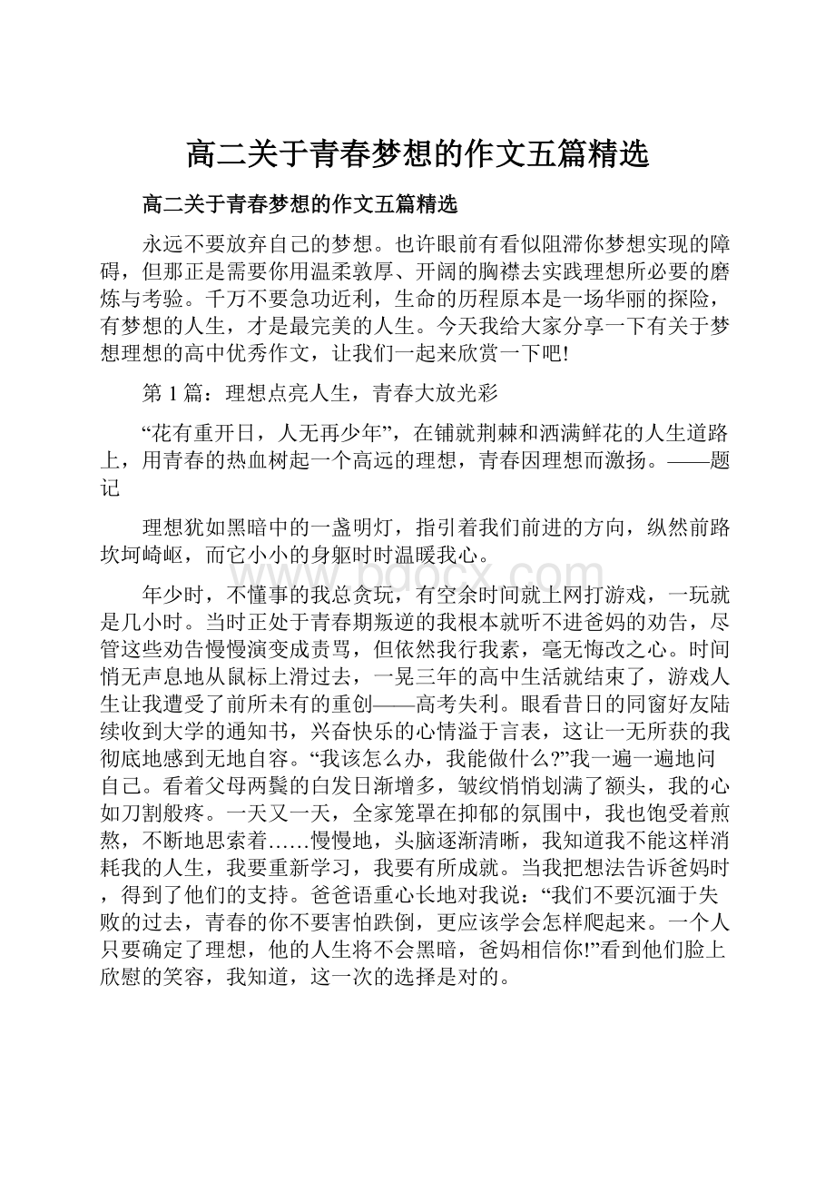 高二关于青春梦想的作文五篇精选.docx