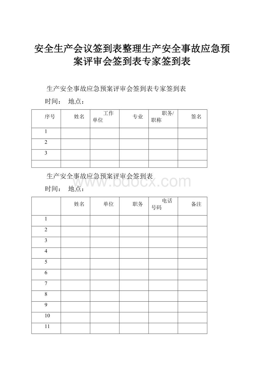 安全生产会议签到表整理生产安全事故应急预案评审会签到表专家签到表.docx_第1页