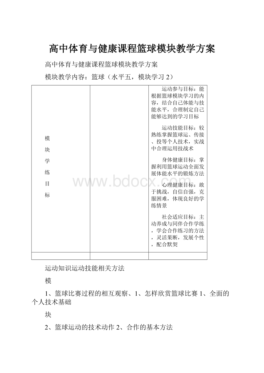 高中体育与健康课程篮球模块教学方案.docx