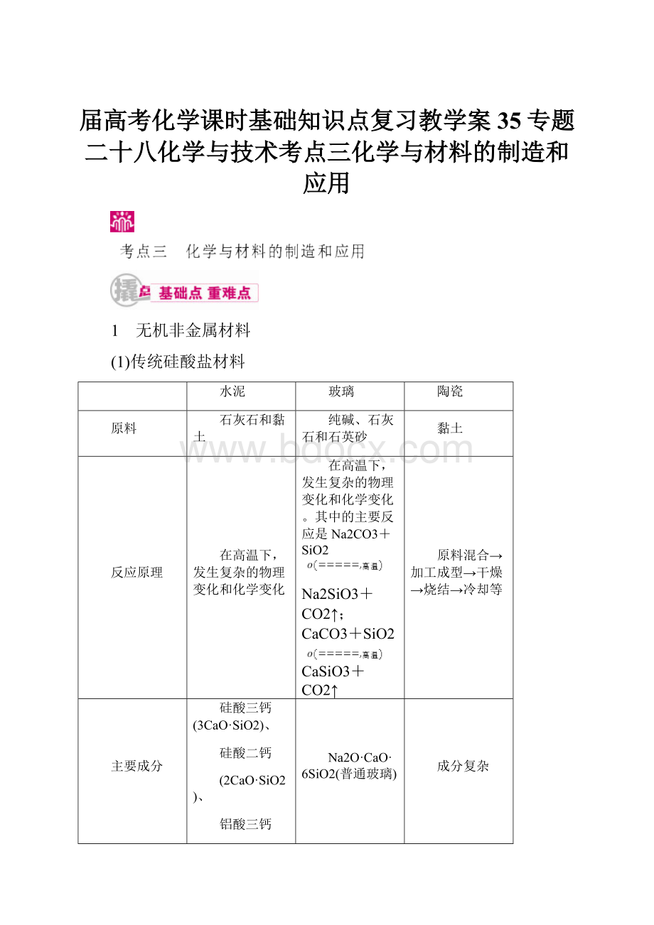 届高考化学课时基础知识点复习教学案35专题二十八化学与技术考点三化学与材料的制造和应用.docx_第1页