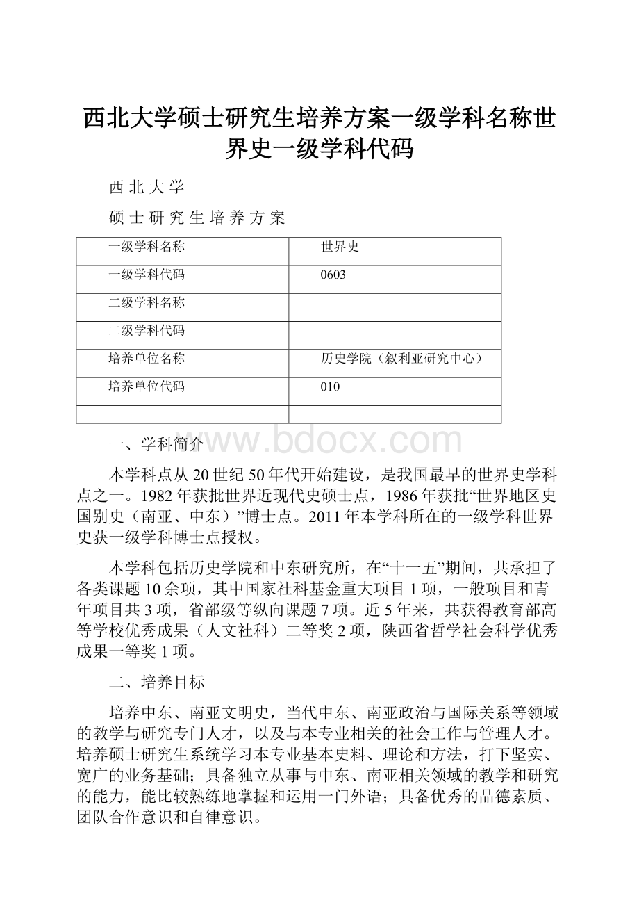 西北大学硕士研究生培养方案一级学科名称世界史一级学科代码.docx_第1页