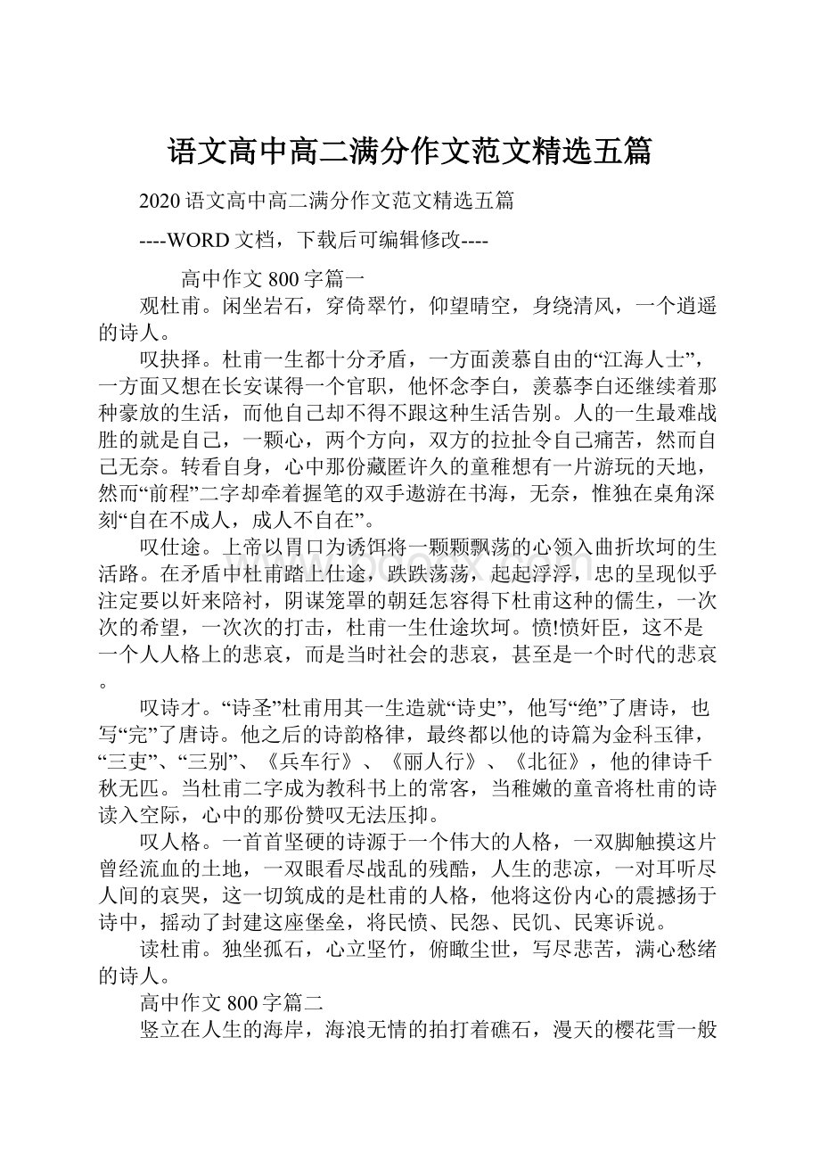 语文高中高二满分作文范文精选五篇.docx_第1页