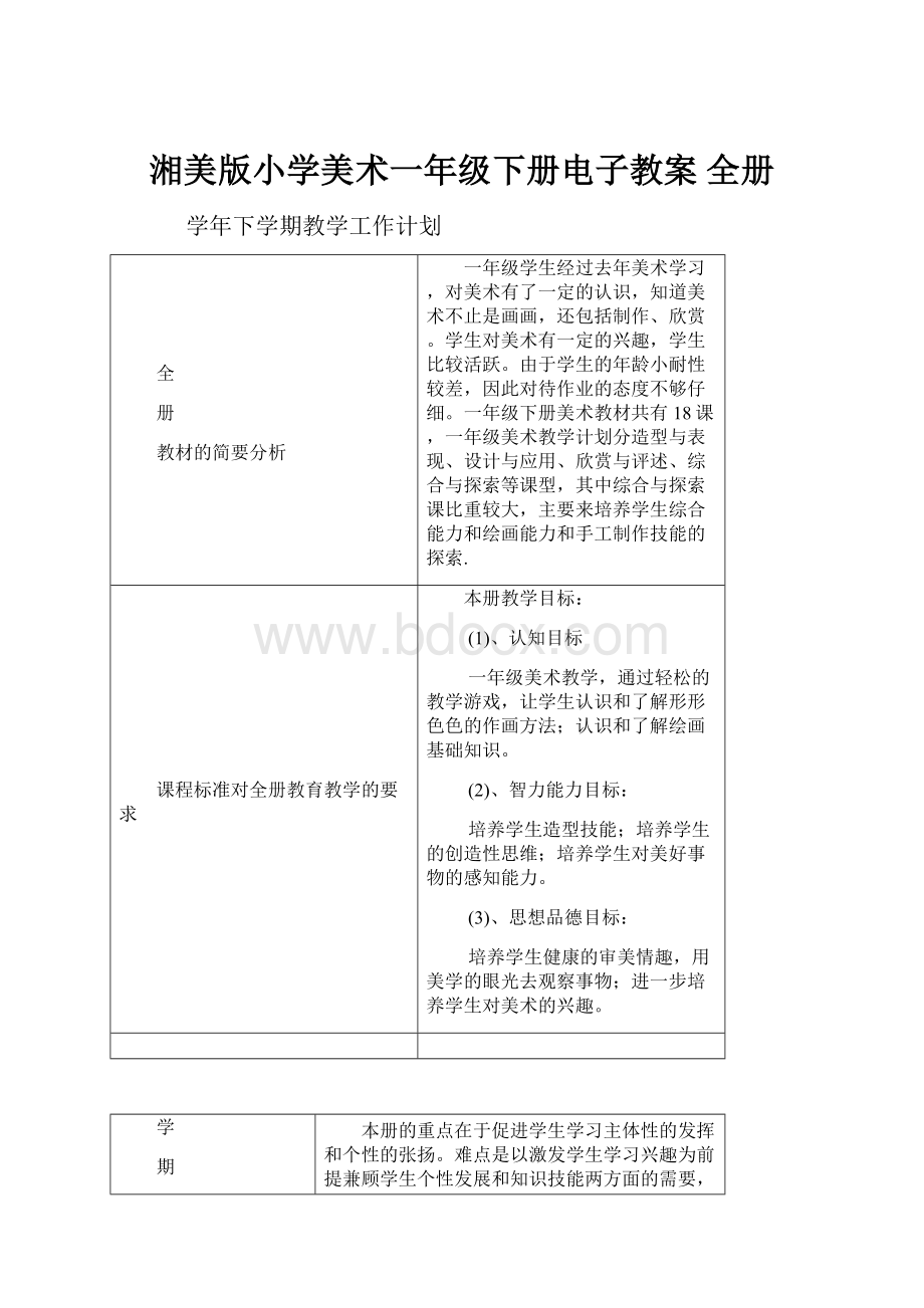 湘美版小学美术一年级下册电子教案 全册.docx_第1页