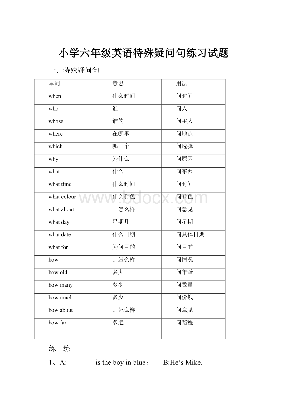 小学六年级英语特殊疑问句练习试题.docx