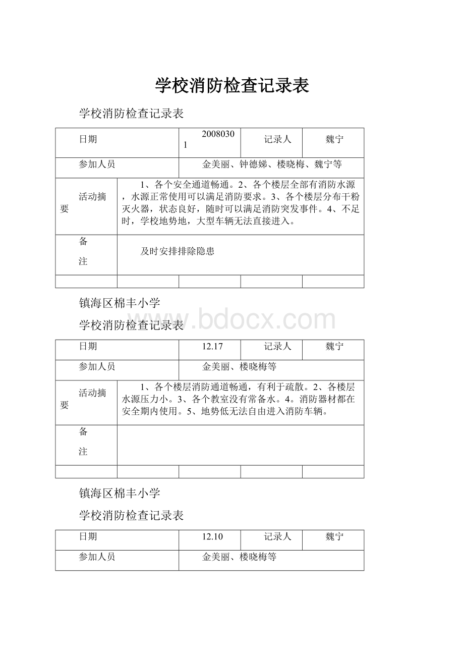 学校消防检查记录表.docx