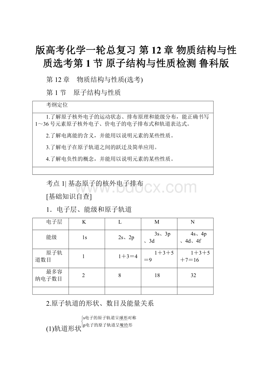 版高考化学一轮总复习 第12章 物质结构与性质选考第1节 原子结构与性质检测 鲁科版.docx_第1页