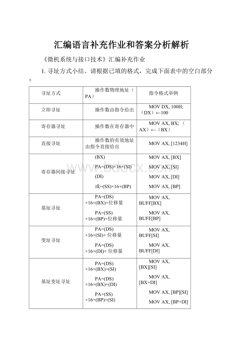 汇编语言补充作业和答案分析解析.docx_第1页