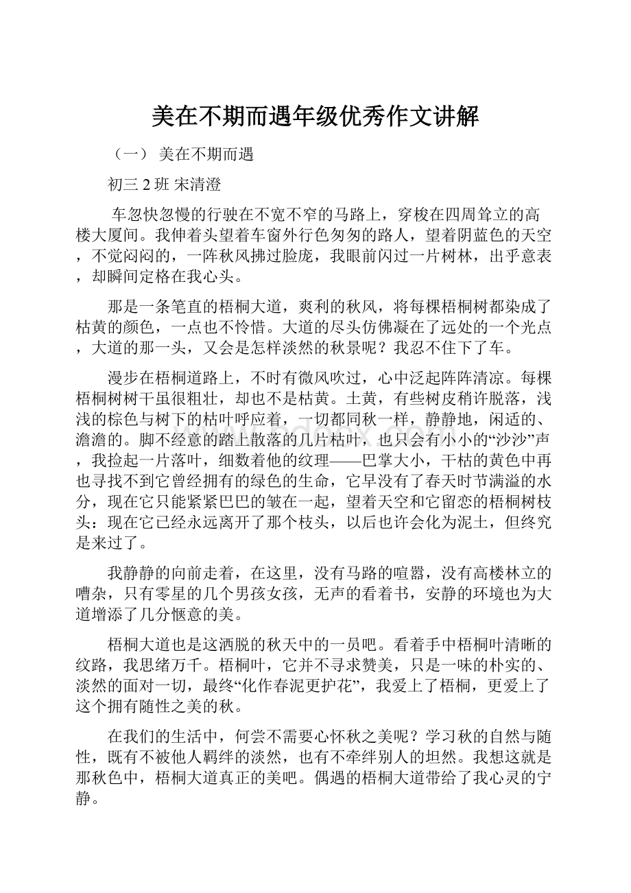 美在不期而遇年级优秀作文讲解.docx_第1页