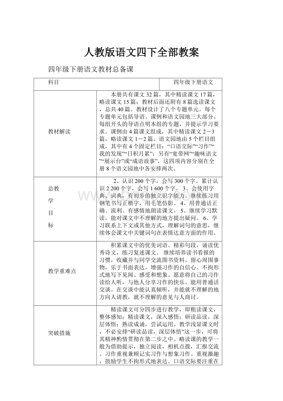 人教版语文四下全部教案.docx