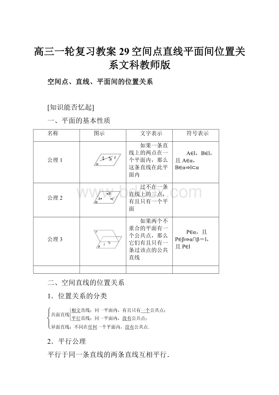 高三一轮复习教案29空间点直线平面间位置关系文科教师版.docx