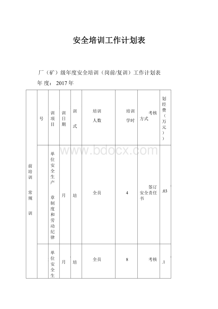 安全培训工作计划表.docx