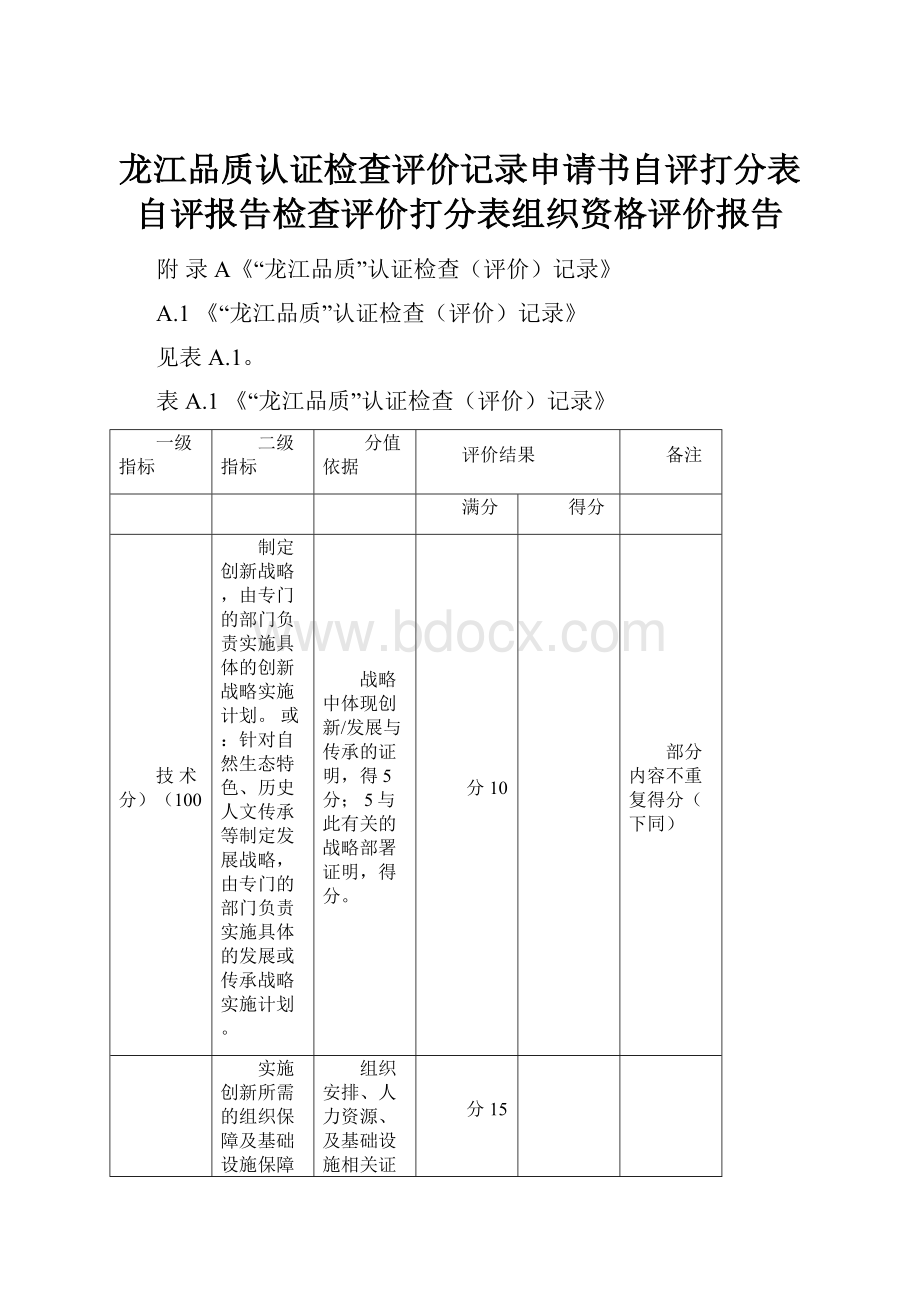 龙江品质认证检查评价记录申请书自评打分表自评报告检查评价打分表组织资格评价报告.docx_第1页